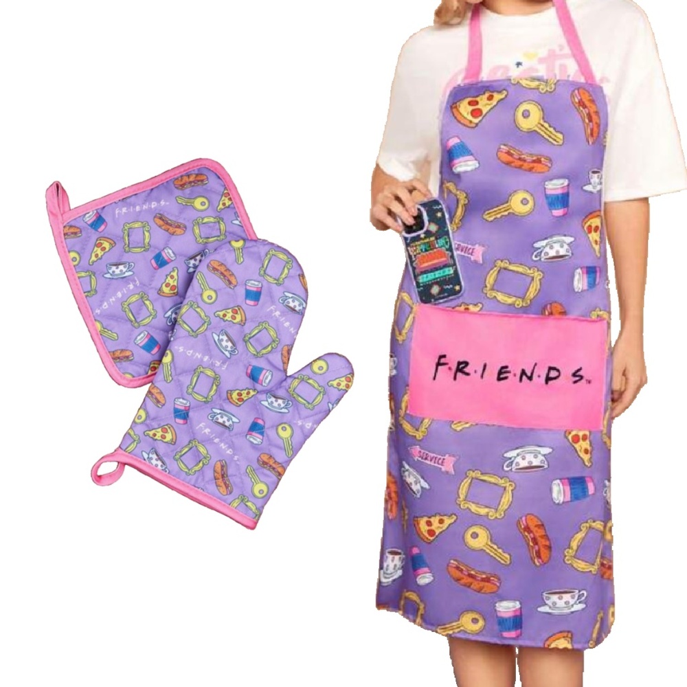 FRIENDS Kitchen Apron, Oven Mitt Glove Pot Holder Heat Pad TV Show New Lot of 3